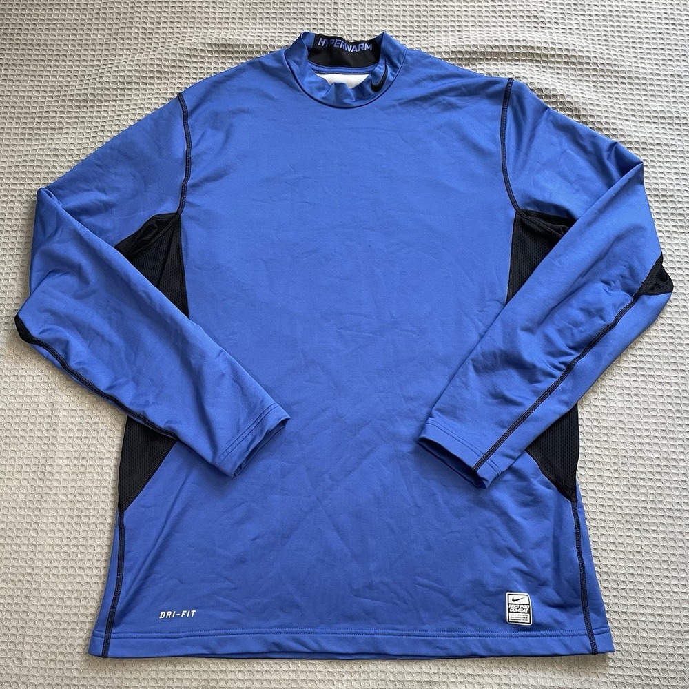 Nike Pro Combat Hyperwarm Mock Neck Fitted Shirt XL Mens Blue Black Athletic